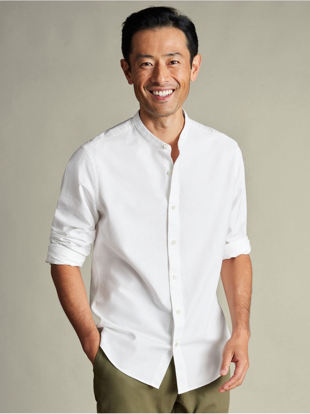 Collarless Cotton Linen Shirt - White. Gently used.